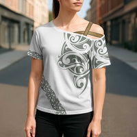 All White Maori Tribal Tattoo Personalised Cross Shoulder Shirt Moss Green Polynesian Style - Polynesian Pride
