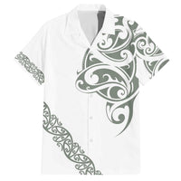 All White Maori Tribal Tattoo Personalised Family Matching Off The Shoulder Long Sleeve Dress and Hawaiian Shirt Moss Green Polynesian Style - Polynesian Pride
