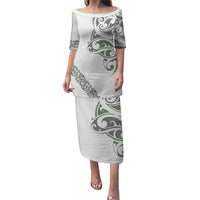 All White Maori Tribal Tattoo Personalised Puletasi Moss Green Polynesian Style - Polynesian Pride