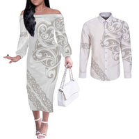 All White Maori Tribal Tattoo Personalised Couples Matching Off The Shoulder Long Sleeve Dress and Long Sleeve Button Shirt Stone Gray Polynesian Style - Polynesian Pride