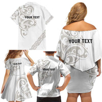 All White Maori Tribal Tattoo Personalised Family Matching Off Shoulder Short Dress and Hawaiian Shirt Stone Gray Polynesian Style - Polynesian Pride