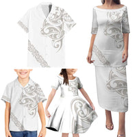 All White Maori Tribal Tattoo Personalised Family Matching Puletasi and Hawaiian Shirt Stone Gray Polynesian Style - Polynesian Pride