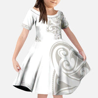 All White Maori Tribal Tattoo Personalised Kid Short Sleeve Dress Stone Gray Polynesian Style - Polynesian Pride
