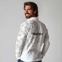 All White Maori Tribal Tattoo Personalised Long Sleeve Polo Shirt Stone Gray Polynesian Style - Polynesian Pride