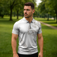 All White Maori Tribal Tattoo Personalised Zipper Polo Shirt Stone Gray Polynesian Style - Polynesian Pride