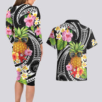 Hau'oli Makahiki Hou Couples Matching Long Sleeve Bodycon Dress and Hawaiian Shirt Aloha Pineapple Tropical Vibe