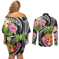 Hau'oli Makahiki Hou Couples Matching Off Shoulder Short Dress and Long Sleeve Button Shirt Aloha Pineapple Tropical Vibe