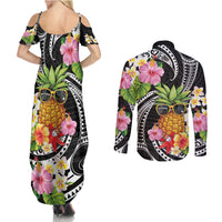Hau'oli Makahiki Hou Couples Matching Summer Maxi Dress and Long Sleeve Button Shirt Aloha Pineapple Tropical Vibe