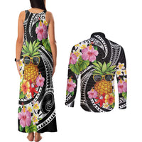 Hau'oli Makahiki Hou Couples Matching Tank Maxi Dress and Long Sleeve Button Shirt Aloha Pineapple Tropical Vibe