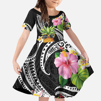 Hau'oli Makahiki Hou Family Matching Off The Shoulder Long Sleeve Dress and Hawaiian Shirt Aloha Pineapple Tropical Vibe LT9 Daughter's Dress Black - Polynesian Pride