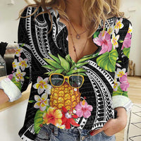 Hau'oli Makahiki Hou Women Casual Shirt Aloha Pineapple Tropical Vibe LT9 Female Black - Polynesian Pride