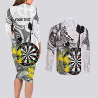 Personalised New Zealand Darts Couples Matching Long Sleeve Bodycon Dress and Long Sleeve Button Shirt Kowhai Floral with Maori Tattoo