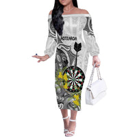Personalised New Zealand Darts Family Matching Off The Shoulder Long Sleeve Dress and Hawaiian Shirt Kowhai Floral with Maori Tattoo LT9 Mom's Dress Black - Polynesian Pride