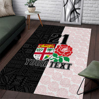 Custom Fiji England Rugby Area Rug Tapa Pattern and Rose Flower World Cup 2023 LT9 White - Polynesian Pride