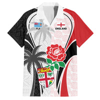 Custom Fiji England Rugby Family Matching Off Shoulder Short Dress and Hawaiian Shirt Tapa Pattern and Rose Flower World Cup 2023 LT9 Dad's Shirt - Short Sleeve White - Polynesian Pride