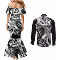 Aloha Black Tribal Honu Tattoo Couples Matching Mermaid Dress and Long Sleeve Button Shirt