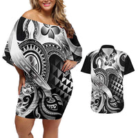 Aloha Black Tribal Honu Tattoo Couples Matching Off Shoulder Short Dress and Hawaiian Shirt
