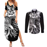 Aloha Black Tribal Honu Tattoo Couples Matching Summer Maxi Dress and Long Sleeve Button Shirt