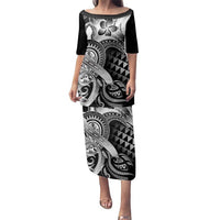 Aloha Black Tribal Honu Tattoo Family Matching Puletasi and Hawaiian Shirt LT9 Mom's Dress Black - Polynesian Pride