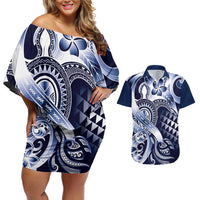 Aloha Blue Tribal Honu Tattoo Couples Matching Off Shoulder Short Dress and Hawaiian Shirt LT9 Blue - Polynesian Pride