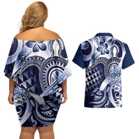 Aloha Blue Tribal Honu Tattoo Couples Matching Off Shoulder Short Dress and Hawaiian Shirt LT9 - Polynesian Pride