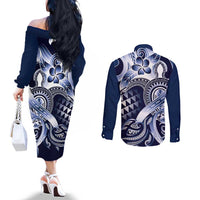 Aloha Blue Tribal Honu Tattoo Couples Matching Off The Shoulder Long Sleeve Dress and Long Sleeve Button Shirt