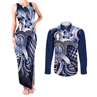 Aloha Blue Tribal Honu Tattoo Couples Matching Tank Maxi Dress and Long Sleeve Button Shirt