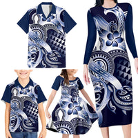Aloha Blue Tribal Honu Tattoo Family Matching Long Sleeve Bodycon Dress and Hawaiian Shirt