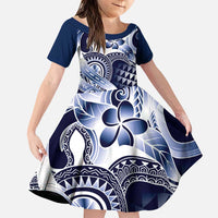 Aloha Blue Tribal Honu Tattoo Family Matching Puletasi and Hawaiian Shirt LT9 Daughter's Dress Blue - Polynesian Pride