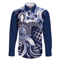 Aloha Blue Tribal Honu Tattoo Family Matching Puletasi and Hawaiian Shirt LT9 Dad's Shirt - Long Sleeve Blue - Polynesian Pride