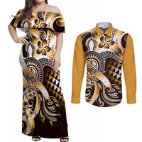 Aloha Gold Tribal Honu Tattoo Couples Matching Off Shoulder Maxi Dress and Long Sleeve Button Shirt