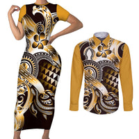 Aloha Gold Tribal Honu Tattoo Couples Matching Short Sleeve Bodycon Dress and Long Sleeve Button Shirt