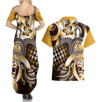 Aloha Gold Tribal Honu Tattoo Couples Matching Summer Maxi Dress and Hawaiian Shirt