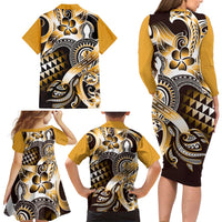 Aloha Gold Tribal Honu Tattoo Family Matching Long Sleeve Bodycon Dress and Hawaiian Shirt