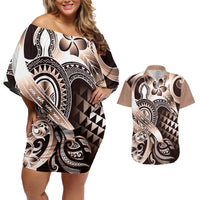 Aloha Mocha Mousse Tribal Honu Tattoo Couples Matching Off Shoulder Short Dress and Hawaiian Shirt LT9 Mocha Mousse - Polynesian Pride