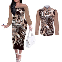 Aloha Mocha Mousse Tribal Honu Tattoo Couples Matching Off The Shoulder Long Sleeve Dress and Long Sleeve Button Shirt LT9 Mocha Mousse - Polynesian Pride