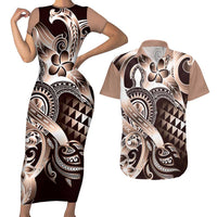 Aloha Mocha Mousse Tribal Honu Tattoo Couples Matching Short Sleeve Bodycon Dress and Hawaiian Shirt