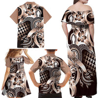 Aloha Mocha Mousse Tribal Honu Tattoo Family Matching Off Shoulder Maxi Dress and Hawaiian Shirt