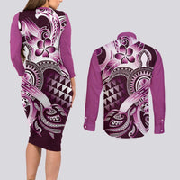 Aloha Pink Tribal Honu Tattoo Couples Matching Long Sleeve Bodycon Dress and Long Sleeve Button Shirt