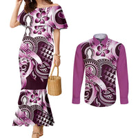 Aloha Pink Tribal Honu Tattoo Couples Matching Mermaid Dress and Long Sleeve Button Shirt