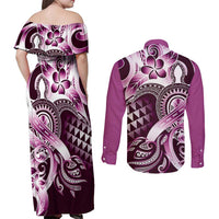 Aloha Pink Tribal Honu Tattoo Couples Matching Off Shoulder Maxi Dress and Long Sleeve Button Shirt