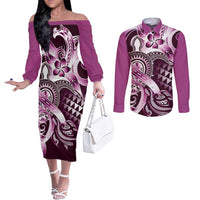 Aloha Pink Tribal Honu Tattoo Couples Matching Off The Shoulder Long Sleeve Dress and Long Sleeve Button Shirt