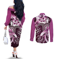 Aloha Pink Tribal Honu Tattoo Couples Matching Off The Shoulder Long Sleeve Dress and Long Sleeve Button Shirt