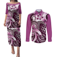 Aloha Pink Tribal Honu Tattoo Couples Matching Puletasi and Long Sleeve Button Shirt