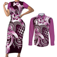 Aloha Pink Tribal Honu Tattoo Couples Matching Short Sleeve Bodycon Dress and Long Sleeve Button Shirt