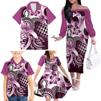 Aloha Pink Tribal Honu Tattoo Family Matching Off The Shoulder Long Sleeve Dress and Hawaiian Shirt