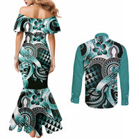 Aloha Turquoise Tribal Honu Tattoo Couples Matching Mermaid Dress and Long Sleeve Button Shirt