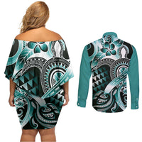 Aloha Turquoise Tribal Honu Tattoo Couples Matching Off Shoulder Short Dress and Long Sleeve Button Shirt