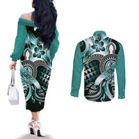 Aloha Turquoise Tribal Honu Tattoo Couples Matching Off The Shoulder Long Sleeve Dress and Long Sleeve Button Shirt
