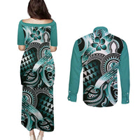 Aloha Turquoise Tribal Honu Tattoo Couples Matching Puletasi and Long Sleeve Button Shirt